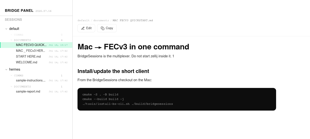 Bridge Panel showing a Markdown document with Read, Edit, Save, and Copy actions